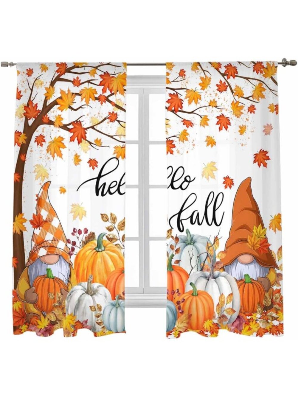 Thanksgiving Gnome Pumpkin Semi-Sheer Curtains, Fall Maple Leaves Drapes, 63